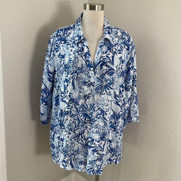 Cynthia Rowley Womens Plus 2X Blue White Floral 100% Linen Button Up Shirt - Picture 1 of 10